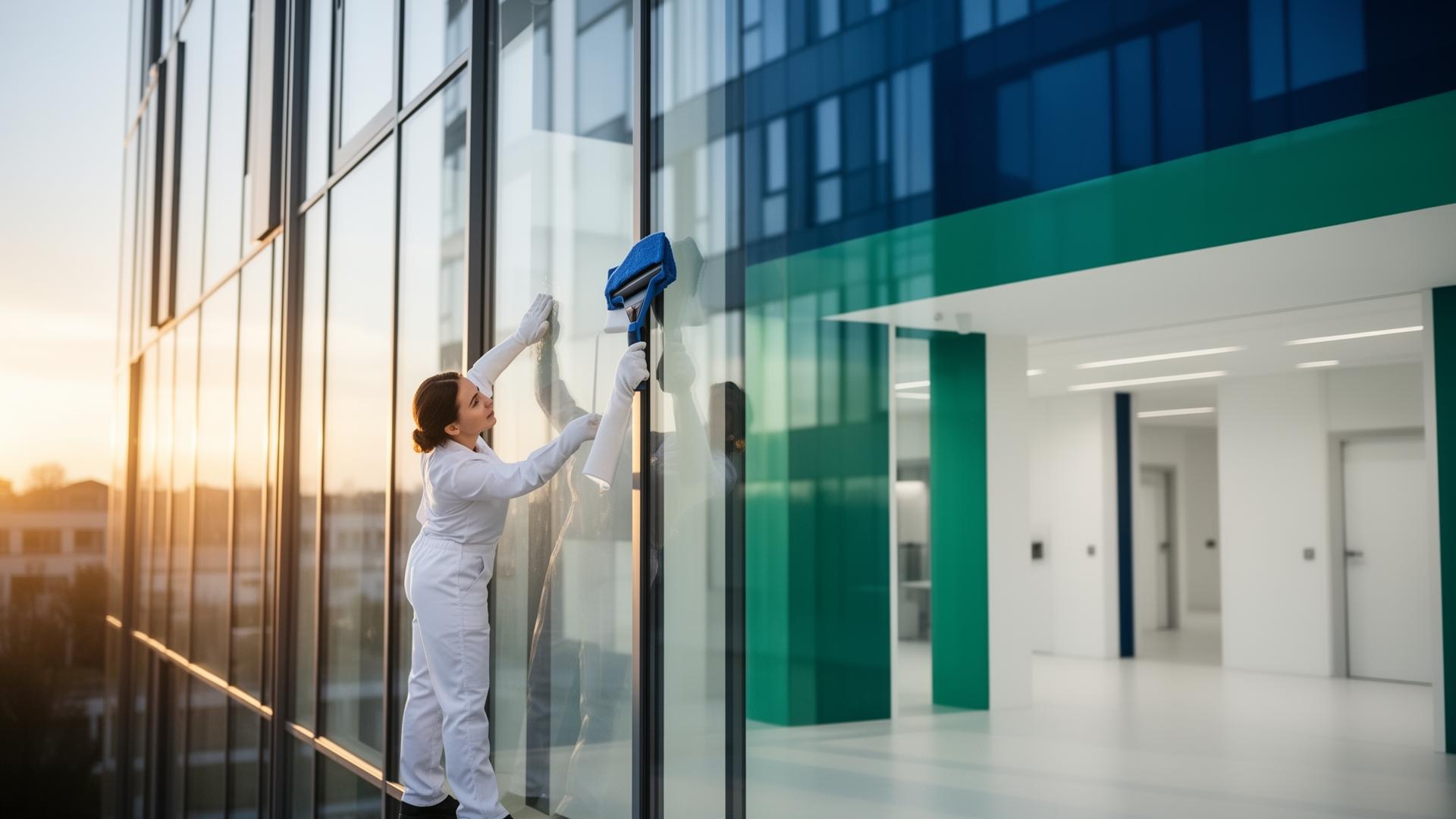 Professionelle Glasreinigung an einem modernen Bürogebäude